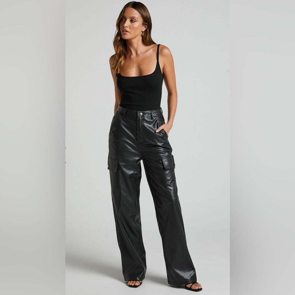 ELVIERA PANTS - HIGH WAISTED FAUX LEATHER CARGO PANTS IN BLACK